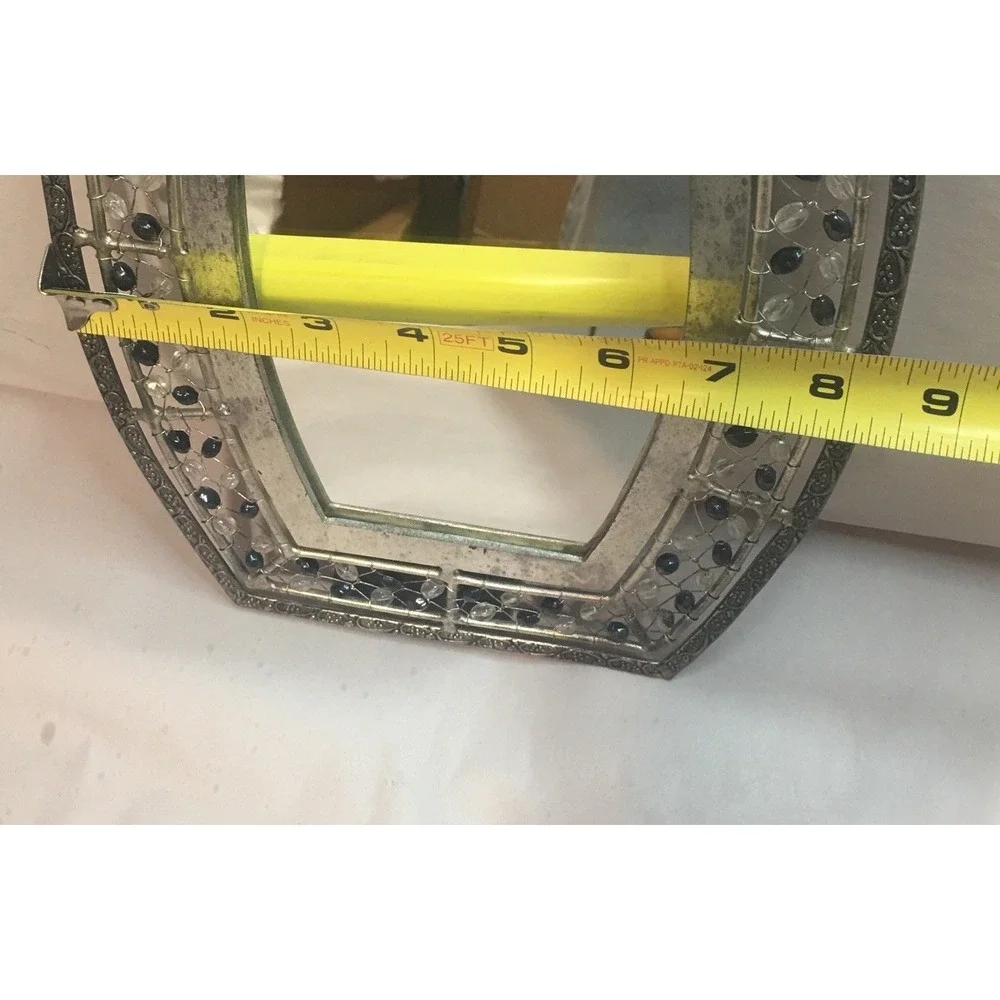 Silver-Tone Sapphire and Iridescent Glass Bead Hand Tied Mirror Art Deco Boho‎